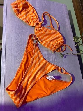 aerie Bright Orange Striped Bikini Bottom (no pads in top)